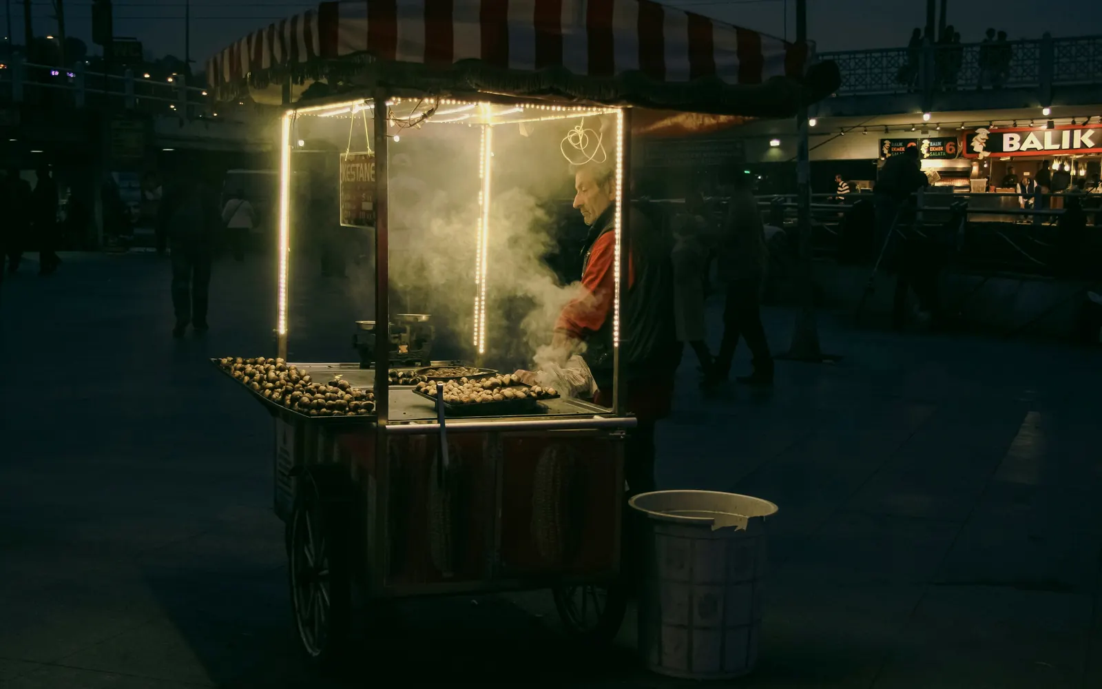 Puesto de castañas asadas de noche